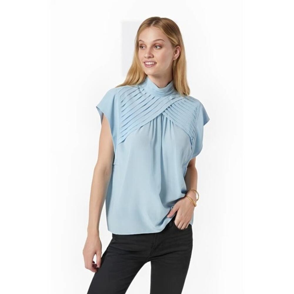 Joie Women's Powder Blue Edesse Silk Top Pleated Blouse XXS NWT - Picture 2 of 13